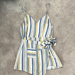 Striped Sleeveless 100% Linen Romper with Tie Waist Size L